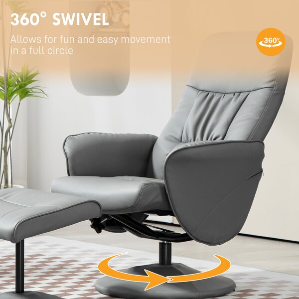 Swivel Recliner Chair with Footstool, HOMCOM PU Leather Armchair and Ottoman with High Back and Round Base for Living Room, Light Grey Aosom UK
