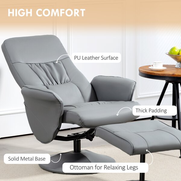 Swivel Recliner Chair with Footstool, HOMCOM PU Leather Armchair and Ottoman with High Back and Round Base for Living Room, Light Grey Aosom UK