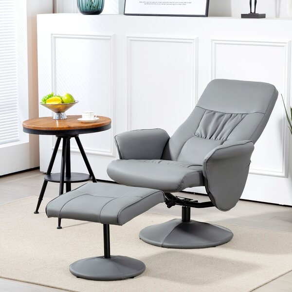 Swivel Recliner Chair with Footstool, HOMCOM PU Leather Armchair and Ottoman with High Back and Round Base for Living Room, Light Grey Aosom UK