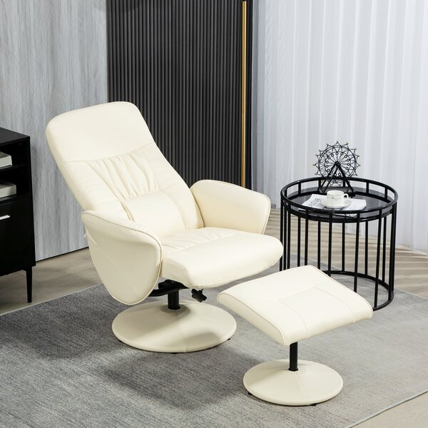 Swivel Recliner Chair with Footstool, HOMCOM PU Leather Armchair and Ottoman with High Back and Round Base for Living Room, Cream White Aosom UK