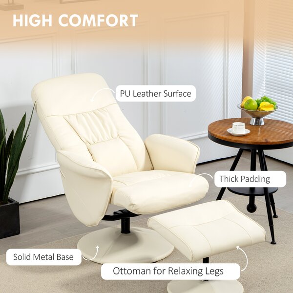 Swivel Recliner Chair with Footstool, HOMCOM PU Leather Armchair and Ottoman with High Back and Round Base for Living Room, Cream White Aosom UK