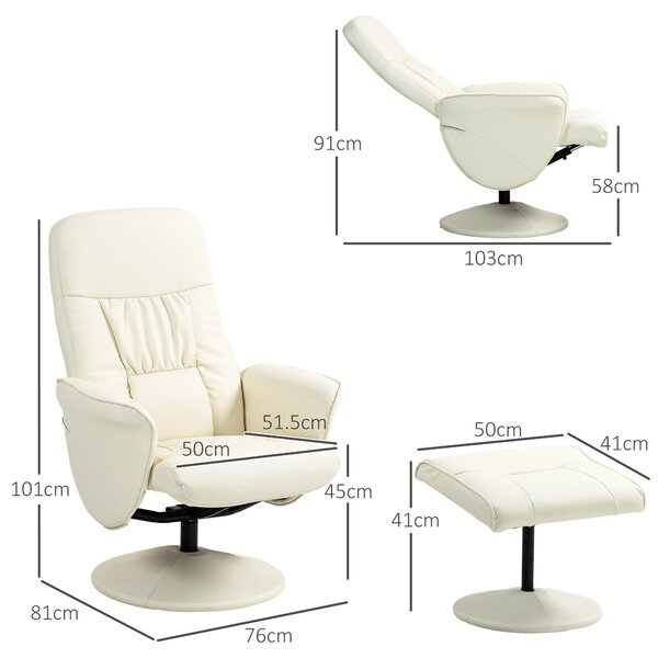 Swivel Recliner Chair with Footstool, HOMCOM PU Leather Armchair and Ottoman with High Back and Round Base for Living Room, Cream White Aosom UK