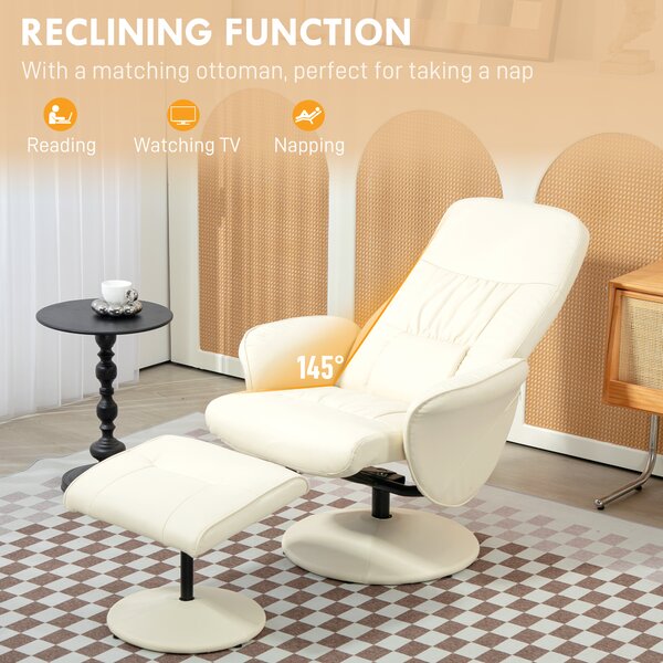 Swivel Recliner Chair with Footstool, HOMCOM PU Leather Armchair and Ottoman with High Back and Round Base for Living Room, Cream White Aosom UK