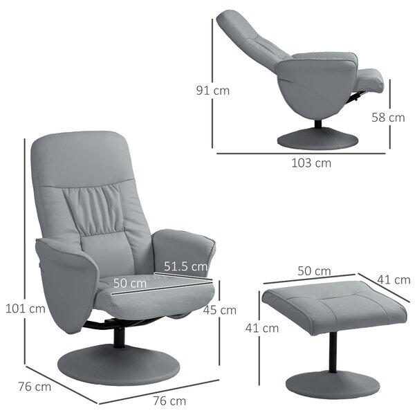Swivel Recliner Chair with Footstool, HOMCOM PU Leather Armchair and Ottoman with High Back and Round Base for Living Room, Light Grey Aosom UK