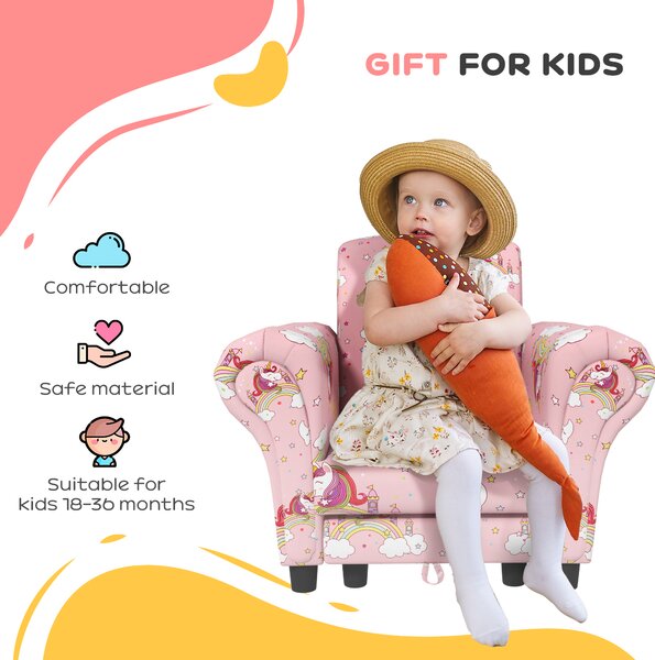AIYAPLAY 2 Piece Kids Sofa Set with Unicorn Design, Wooden Frame, for 1.5-3 Years Old, Pink Aosom UK