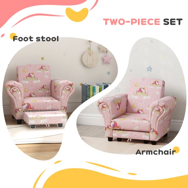 AIYAPLAY 2 Piece Kids Sofa Set with Unicorn Design, Wooden Frame, for 1.5-3 Years Old, Pink Aosom UK