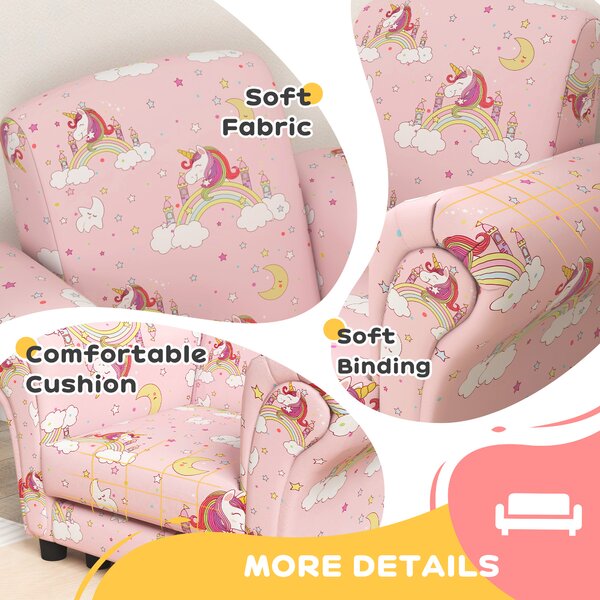 AIYAPLAY 2 Piece Kids Sofa Set with Unicorn Design, Wooden Frame, for 1.5-3 Years Old, Pink Aosom UK