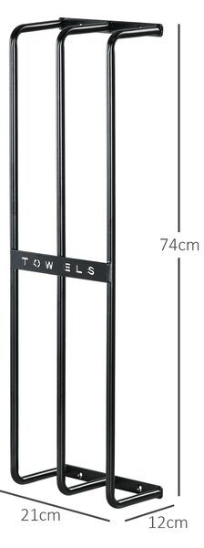 HOMCOM Towel Rail Wall Mounted, Metal Towel Rack Holds Up to 6 Large Size (160 x 100cm) Rolled Towels, 21 x 12 x 74cm, Black Aosom UK