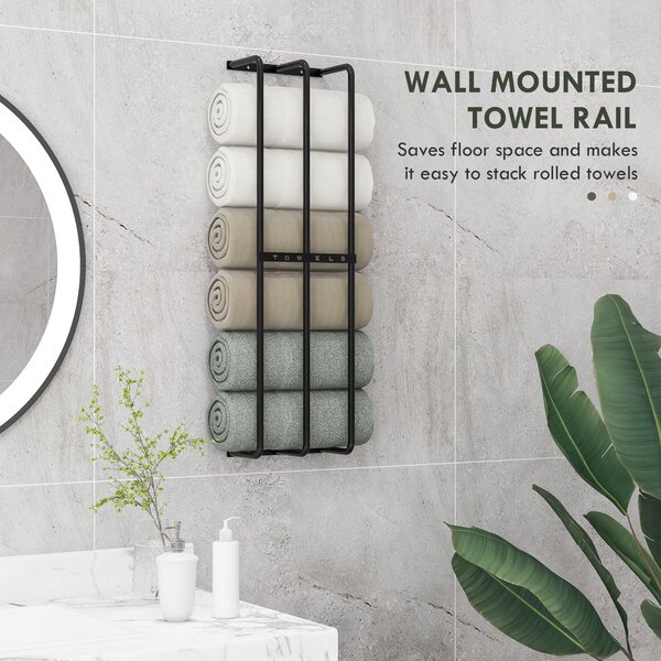 HOMCOM Towel Rail Wall Mounted, Metal Towel Rack Holds Up to 6 Large Size (160 x 100cm) Rolled Towels, 21 x 12 x 74cm, Black Aosom UK