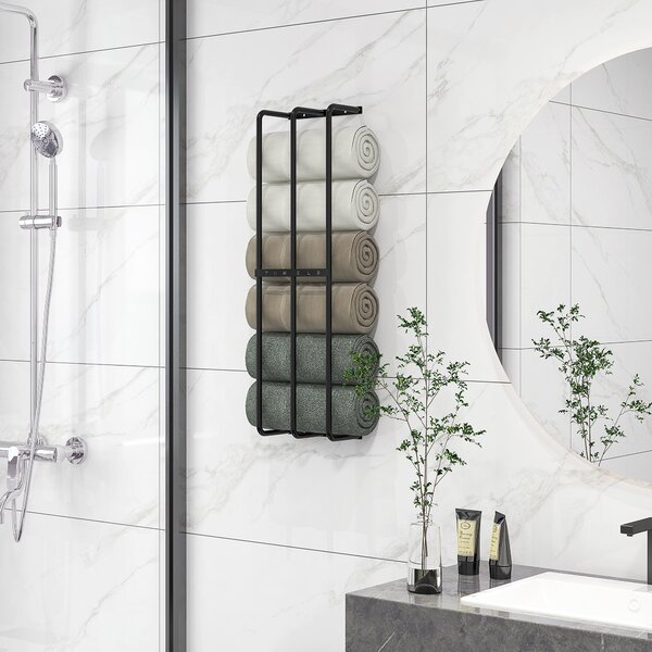 HOMCOM Towel Rail Wall Mounted, Metal Towel Rack Holds Up to 6 Large Size (160 x 100cm) Rolled Towels, 21 x 12 x 74cm, Black Aosom UK