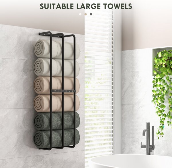 HOMCOM Towel Rail Wall Mounted, Metal Towel Rack Holds Up to 6 Large Size (160 x 100cm) Rolled Towels, 21 x 12 x 74cm, Black Aosom UK
