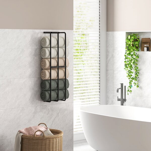HOMCOM Towel Rail Wall Mounted, Metal Towel Rack Holds Up to 6 Large Size (160 x 100cm) Rolled Towels, 21 x 12 x 74cm, Black Aosom UK