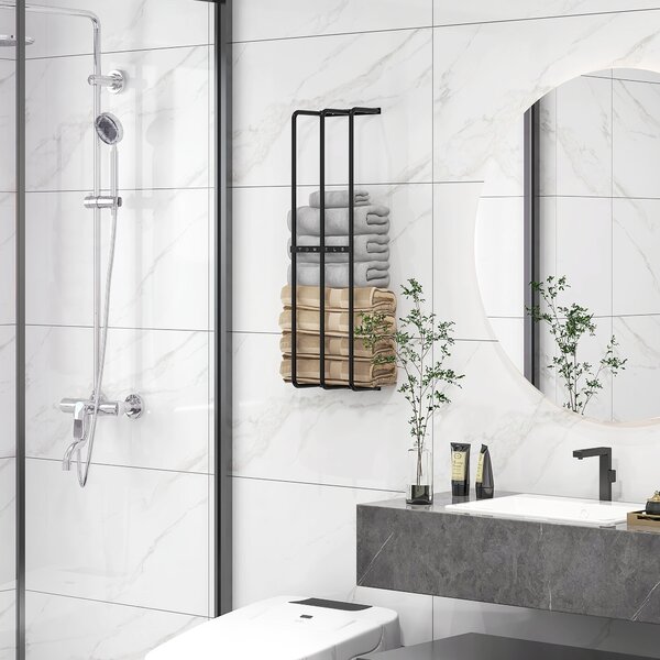 HOMCOM Towel Rail Wall Mounted, Metal Towel Rack Holds Up to 6 Large Size (160 x 100cm) Rolled Towels, 21 x 12 x 74cm, Black Aosom UK