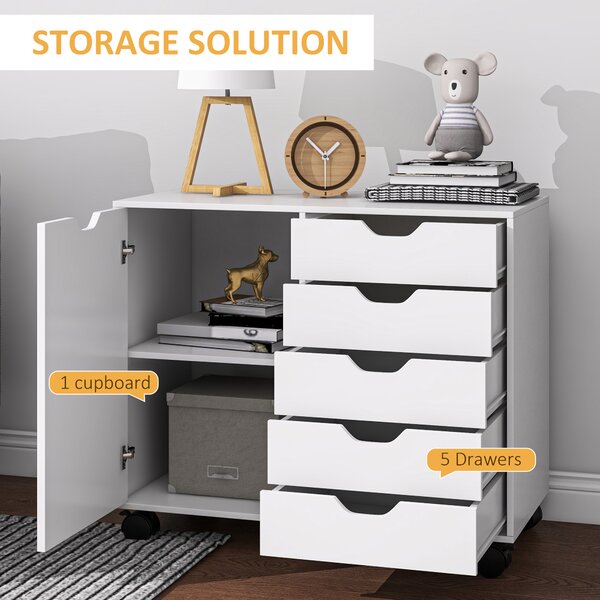 HOMCOM Mobile Filing Cabinet with 5 Drawers, Door and Adjustable Shelf, Rolling File Cabinet, Printer Table for Study Aosom UK