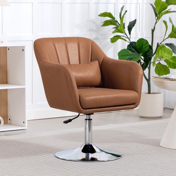 HOMCOM Swivel Accent Chair for Living Room Contemporary Vanity Armchair with Adjustable Height Thick Cushion Lumbar Support Armrest Brown Aosom UK