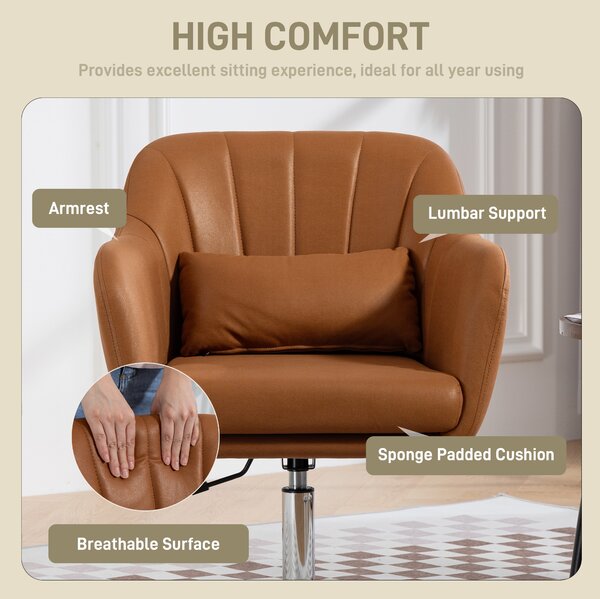 HOMCOM Swivel Accent Chair for Living Room Contemporary Vanity Armchair with Adjustable Height Thick Cushion Lumbar Support Armrest Brown Aosom UK