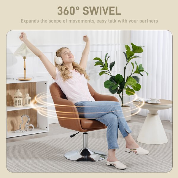 HOMCOM Swivel Accent Chair for Living Room Contemporary Vanity Armchair with Adjustable Height Thick Cushion Lumbar Support Armrest Brown Aosom UK