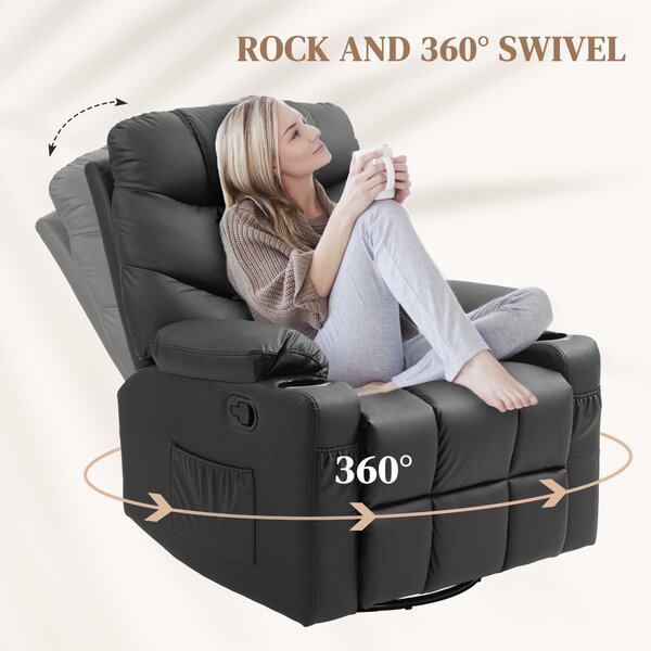 HOMCOM Manual Reclining Chair, Recliner Armchair with Swivel, Faux Leather, Footrest, Cup Holders, 86x93x102cm, Black Aosom UK