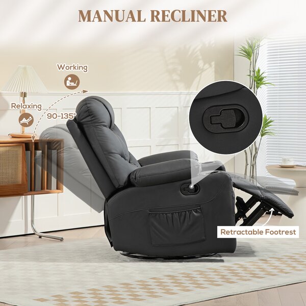 HOMCOM Manual Reclining Chair, Recliner Armchair with Swivel, Faux Leather, Footrest, Cup Holders, 86x93x102cm, Black Aosom UK
