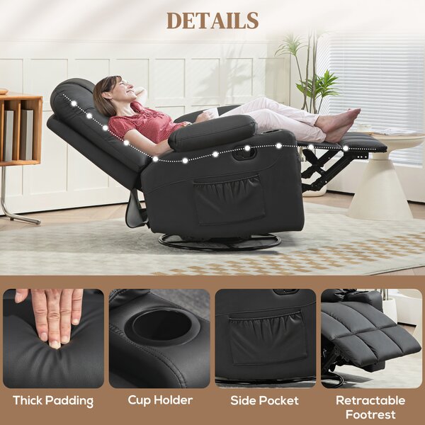HOMCOM Manual Reclining Chair, Recliner Armchair with Swivel, Faux Leather, Footrest, Cup Holders, 86x93x102cm, Black Aosom UK