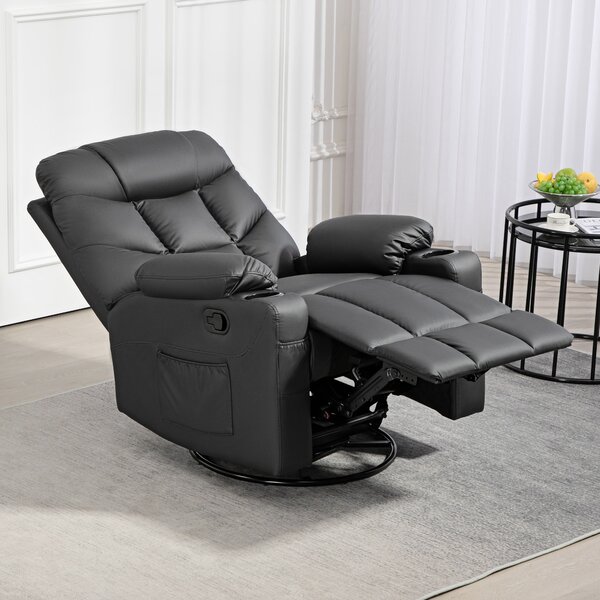 HOMCOM Manual Reclining Chair, Recliner Armchair with Swivel, Faux Leather, Footrest, Cup Holders, 86x93x102cm, Black Aosom UK