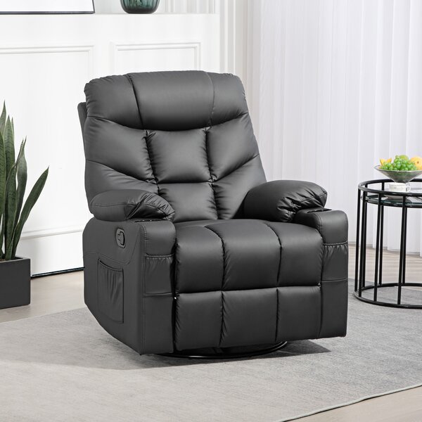 HOMCOM Manual Reclining Chair, Recliner Armchair with Swivel, Faux Leather, Footrest, Cup Holders, 86x93x102cm, Black Aosom UK