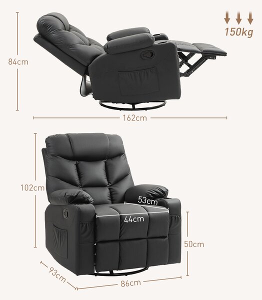 HOMCOM Manual Reclining Chair, Recliner Armchair with Swivel, Faux Leather, Footrest, Cup Holders, 86x93x102cm, Black Aosom UK