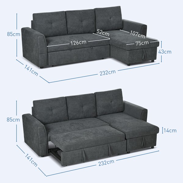 HOMCOM 3 Seater Sofa Bed, Pull Out Sofa Bed with Larger Bed Size & Thicker Cushion Padding, Corner Sofa Bed with Storage, Dark Grey Aosom UK