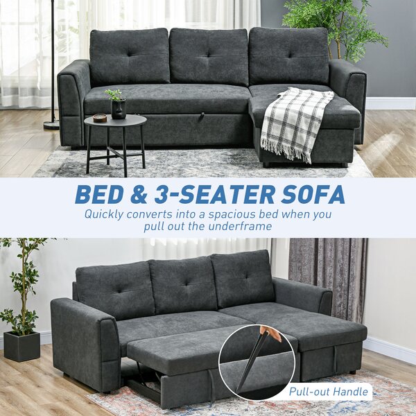 HOMCOM 3 Seater Sofa Bed, Pull Out Sofa Bed with Larger Bed Size & Thicker Cushion Padding, Corner Sofa Bed with Storage, Dark Grey Aosom UK