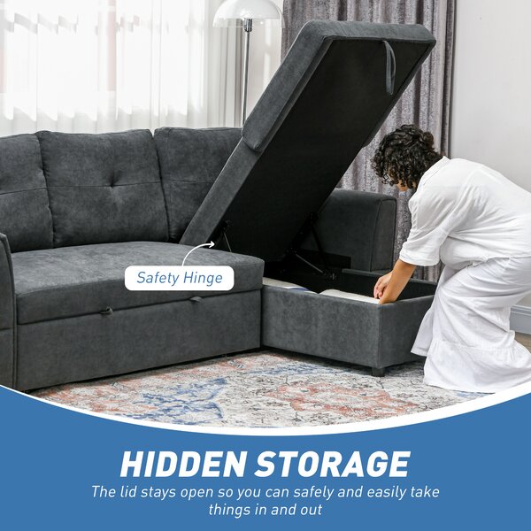 HOMCOM 3 Seater Sofa Bed, Pull Out Sofa Bed with Larger Bed Size & Thicker Cushion Padding, Corner Sofa Bed with Storage, Dark Grey Aosom UK