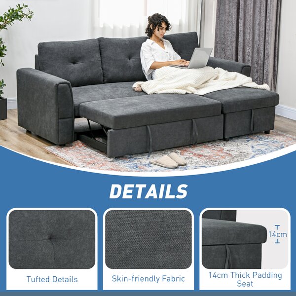 HOMCOM 3 Seater Sofa Bed, Pull Out Sofa Bed with Larger Bed Size & Thicker Cushion Padding, Corner Sofa Bed with Storage, Dark Grey Aosom UK
