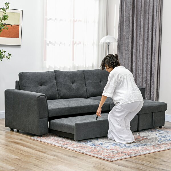 HOMCOM 3 Seater Sofa Bed, Pull Out Sofa Bed with Larger Bed Size & Thicker Cushion Padding, Corner Sofa Bed with Storage, Dark Grey Aosom UK