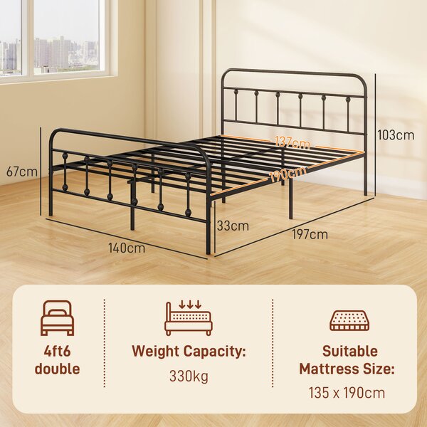 HOMCOM 4ft Double Platform Bed Frame with Underbed Storage Tall Headboard Steel Slat No Box Spring Needed Easy Assembly Black Aosom UK