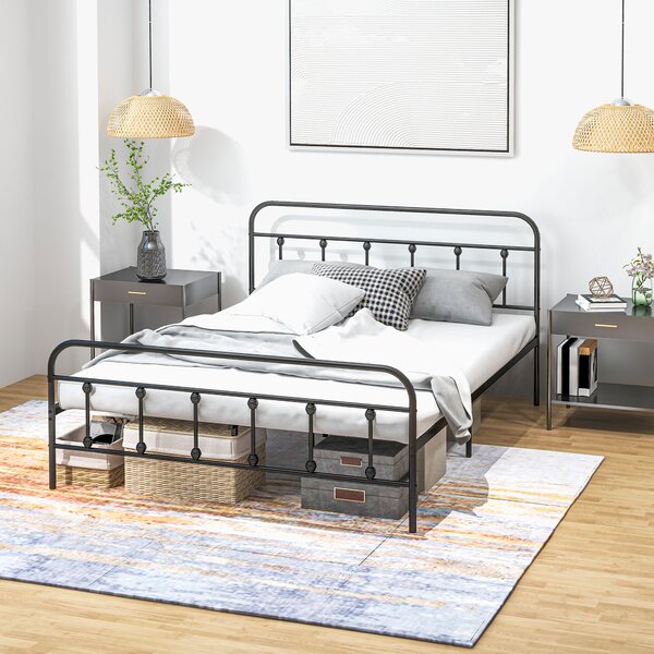 HOMCOM 4ft Double Platform Bed Frame with Underbed Storage Tall Headboard Steel Slat No Box Spring Needed Easy Assembly Black Aosom UK
