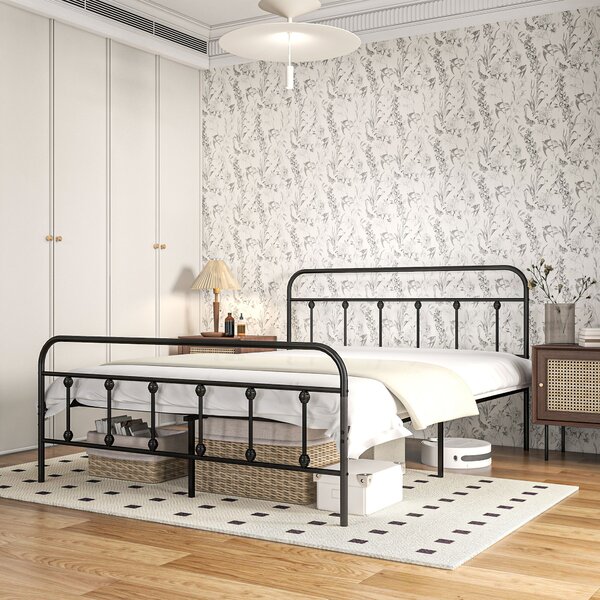 HOMCOM 4ft Double Platform Bed Frame with Underbed Storage Tall Headboard Steel Slat No Box Spring Needed Easy Assembly Black Aosom UK