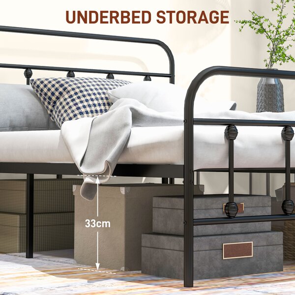 HOMCOM 4ft Double Platform Bed Frame with Underbed Storage Tall Headboard Steel Slat No Box Spring Needed Easy Assembly Black Aosom UK