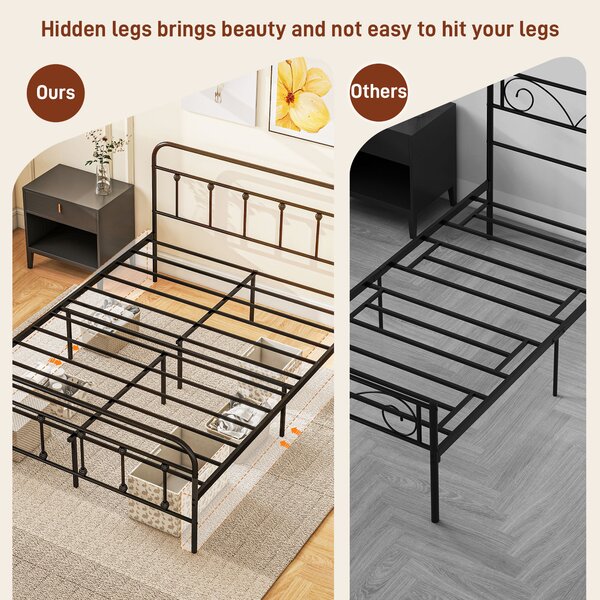 HOMCOM 4ft Double Platform Bed Frame with Underbed Storage Tall Headboard Steel Slat No Box Spring Needed Easy Assembly Black Aosom UK