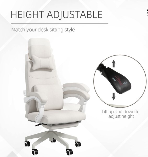 Vinsetto High Back Office Chair Reclining Computer Chair with Footrest Lumbar Support Adjustable Height Swivel Wheels White