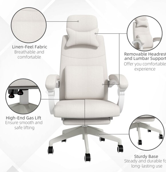 Vinsetto High Back Office Chair Reclining Computer Chair with Footrest Lumbar Support Adjustable Height Swivel Wheels White