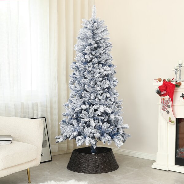 HOMCOM 6ft Flocked Artificial Christmas Tree with 700 Snow Frosted Tips, Metal Stand, Snowy Hinged Xmas Tree, Blue Aosom UK