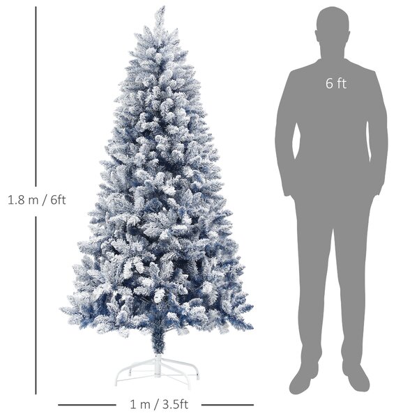 HOMCOM 6ft Flocked Artificial Christmas Tree with 700 Snow Frosted Tips, Metal Stand, Snowy Hinged Xmas Tree, Blue Aosom UK