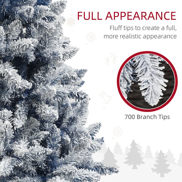 HOMCOM 6ft Flocked Artificial Christmas Tree with 700 Snow Frosted Tips, Metal Stand, Snowy Hinged Xmas Tree, Blue Aosom UK