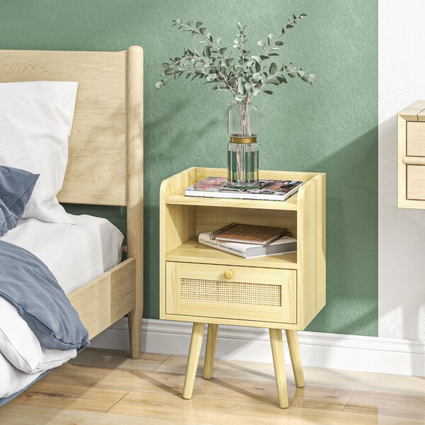 HOMCOM Bedside Table Set of 2, Boho Nightstand with Drawer, Storage Compartment, Natural Wood Finish Aosom UK