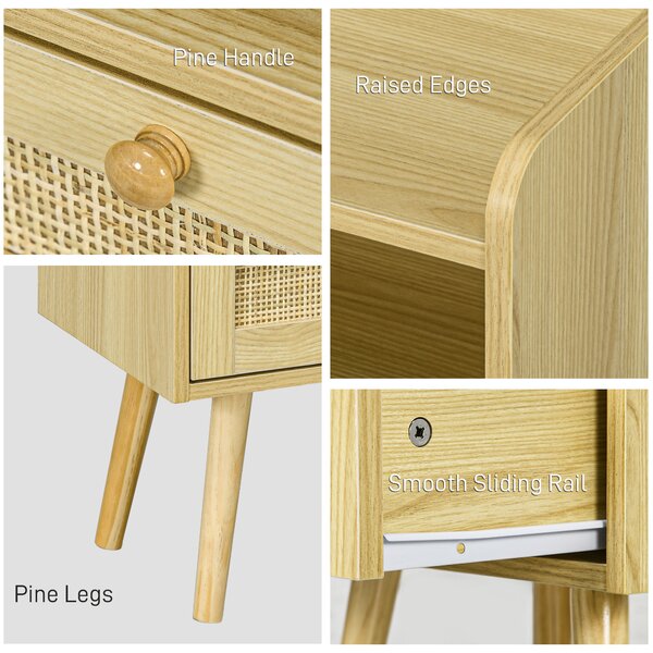 HOMCOM Bedside Table Set of 2, Boho Nightstand with Drawer, Storage Compartment, Natural Wood Finish Aosom UK