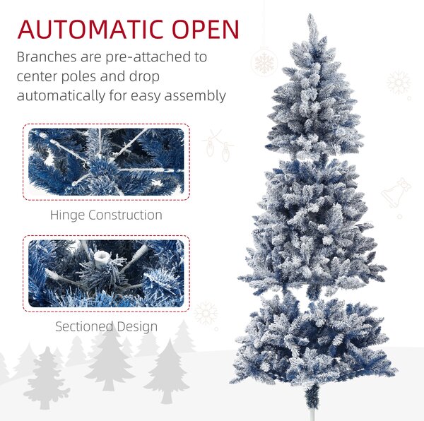 HOMCOM 6ft Flocked Artificial Christmas Tree with 700 Snow Frosted Tips, Metal Stand, Snowy Hinged Xmas Tree, Blue Aosom UK