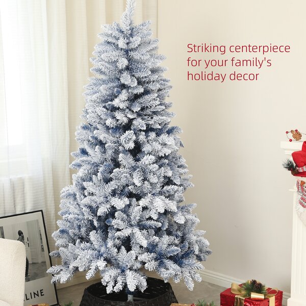 HOMCOM 6ft Flocked Artificial Christmas Tree with 700 Snow Frosted Tips, Metal Stand, Snowy Hinged Xmas Tree, Blue Aosom UK