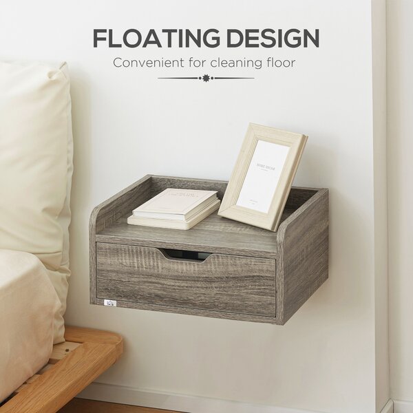 HOMCOM Floating Nightstand Set of 2 Wall Mounted Bedside Table with Storage Drawer for Bedroom, Grey Aosom UK