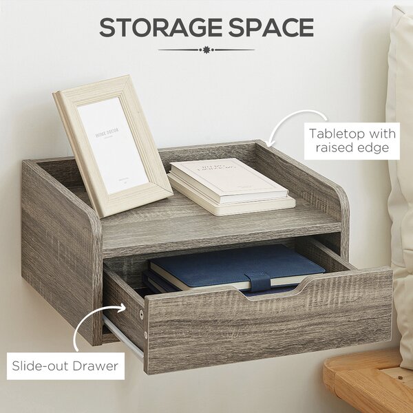 HOMCOM Floating Nightstand Set of 2 Wall Mounted Bedside Table with Storage Drawer for Bedroom, Grey Aosom UK