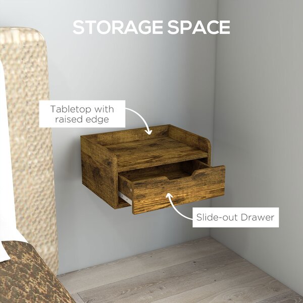 HOMCOM Floating Nightstand Set of 2 Wall Mounted Bedside Table with Storage Drawer for Bedroom, Rustic Brown Aosom UK