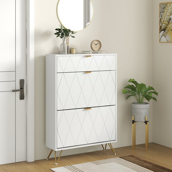 HOMCOM Two Flip Drawer Narrow Shoe Cabinet - White Aosom UK